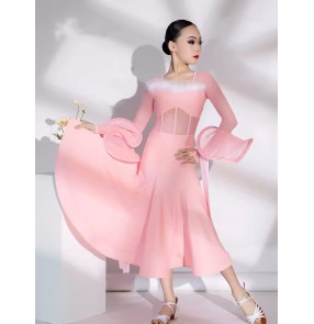 Pink black feather ballroom dance dresses for kids children float sleeves waltz tango flamenco ballroom dancing long swing skirts